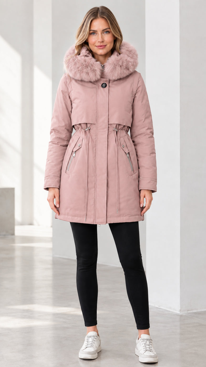 Front view of model wearing dusty pink faux fur hooded winter parka