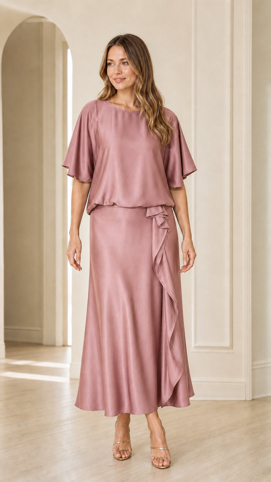 Front view of woman wearing dusty rose satin flutter sleeve maxi dress
