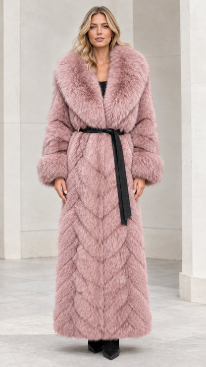 Front view of dusty pink chevron faux fur maxi coat with tie belt