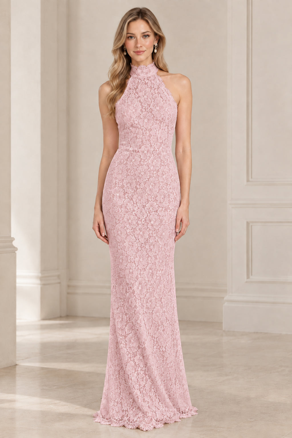 Dusty pink high neck halter backless lace evening maxi dress