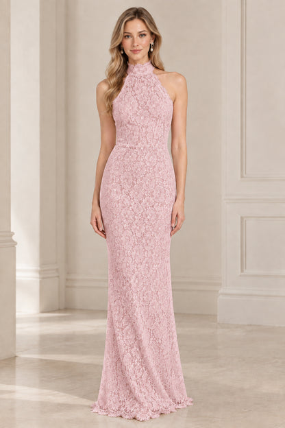 Dusty pink high neck halter backless lace evening maxi dress