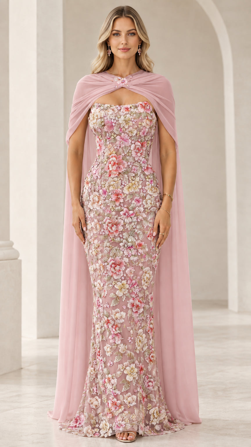 Dusty pink floral embroidered evening gown with sheer rose capelet