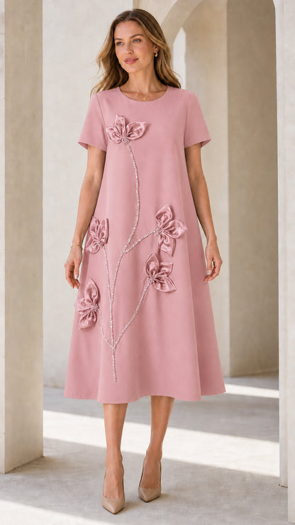 Dusty Pink 3D floral applique short sleeve A-line midi dress