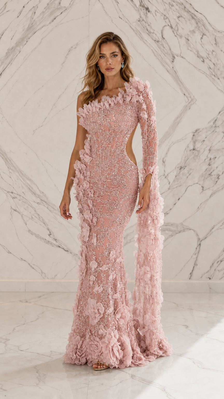 Pink variant of one-shoulder floral cutout evening dress