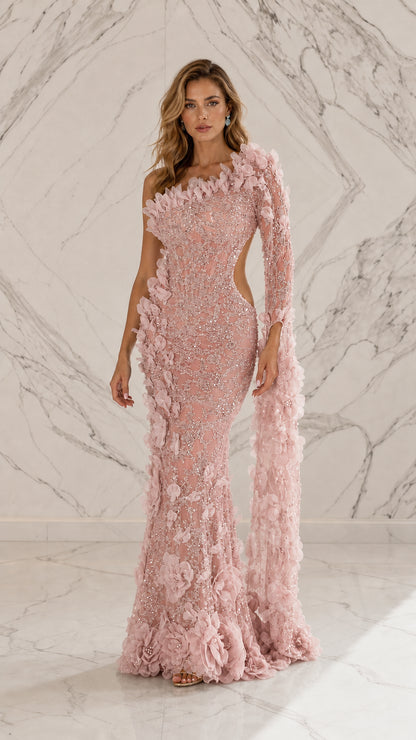 Pink variant of one-shoulder floral cutout evening dress