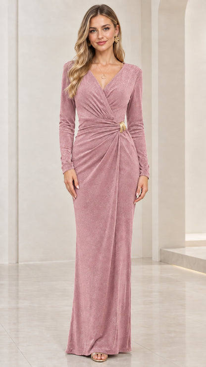 Model wearing mauve pink long sleeve ruched shimmer maxi evening gown