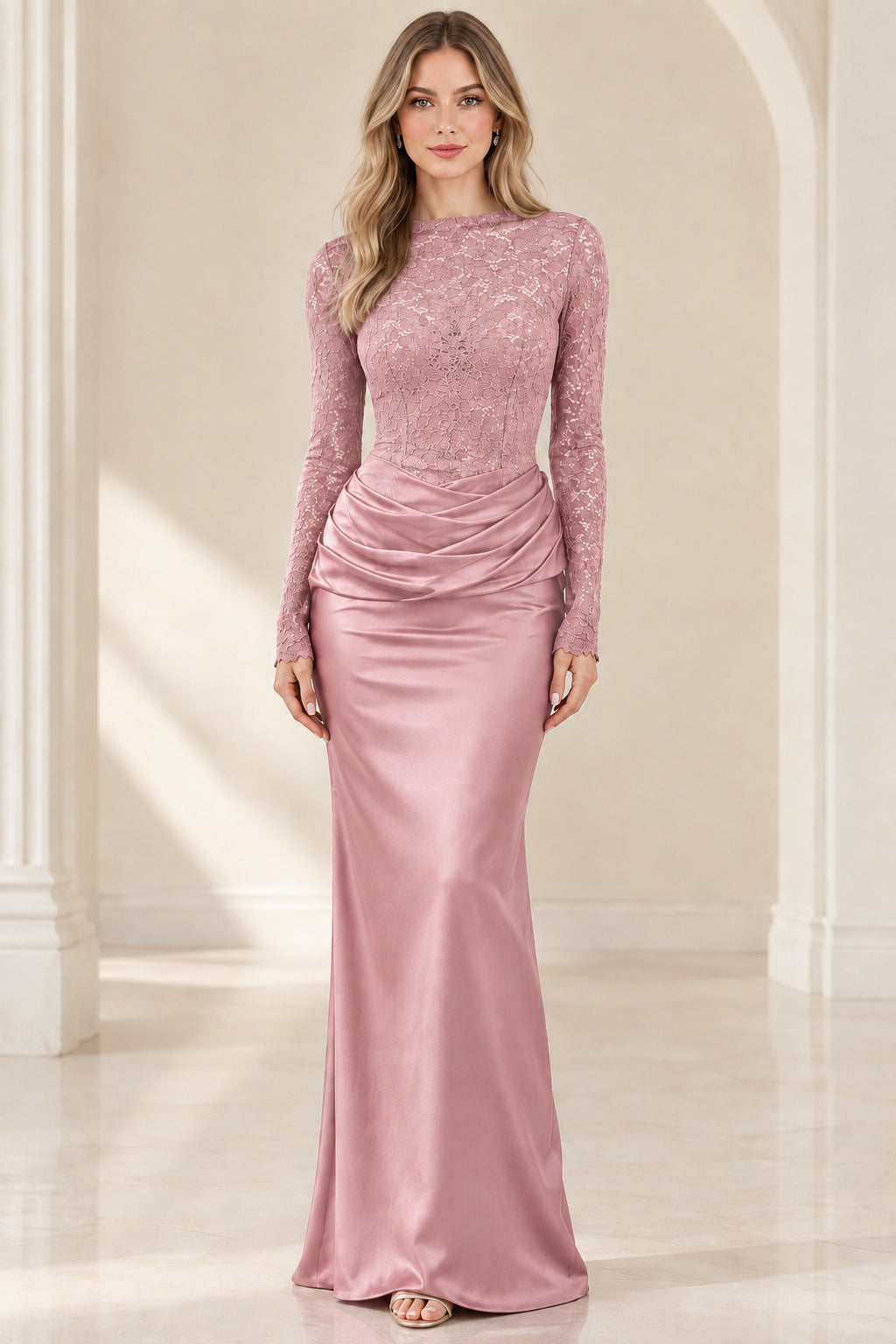 Front view of dusty pink long sleeve lace and satin formal maxi dress