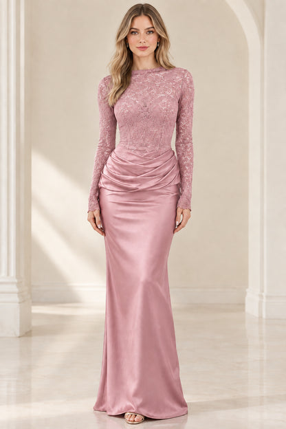 Front view of dusty pink long sleeve lace and satin formal maxi dress