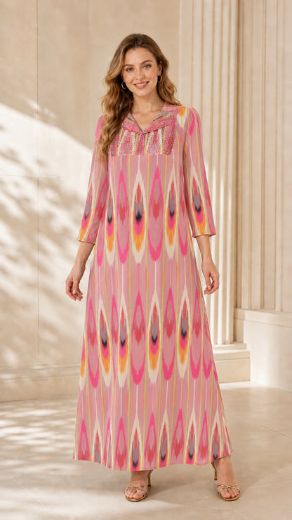 Model wearing Pink Multi geometric ikat print maxi dress