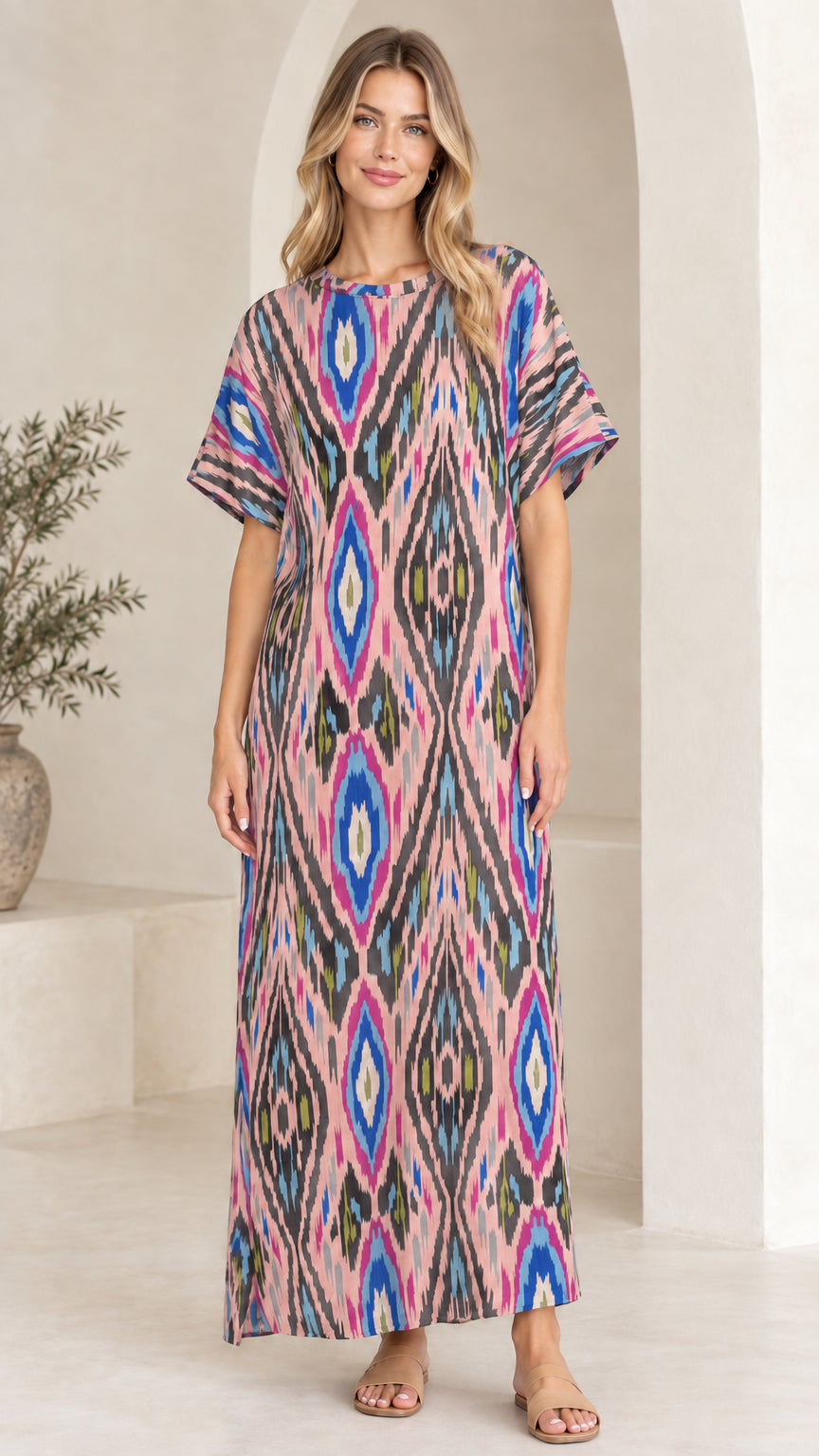 Woman wearing Pink Multi geometric pattern short sleeve maxi dress