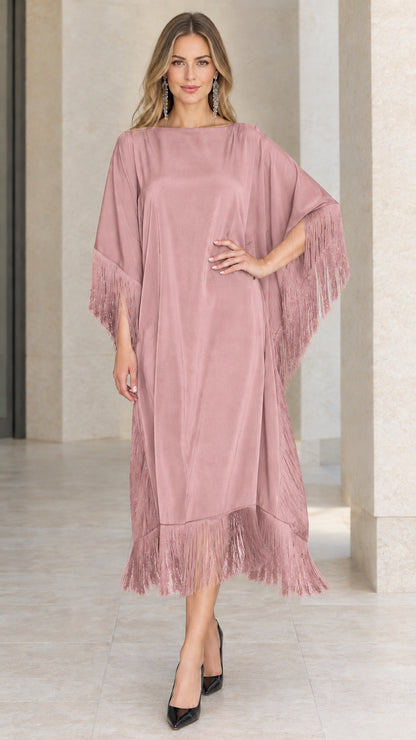 Front view of dusty pink satin fringe kaftan dress