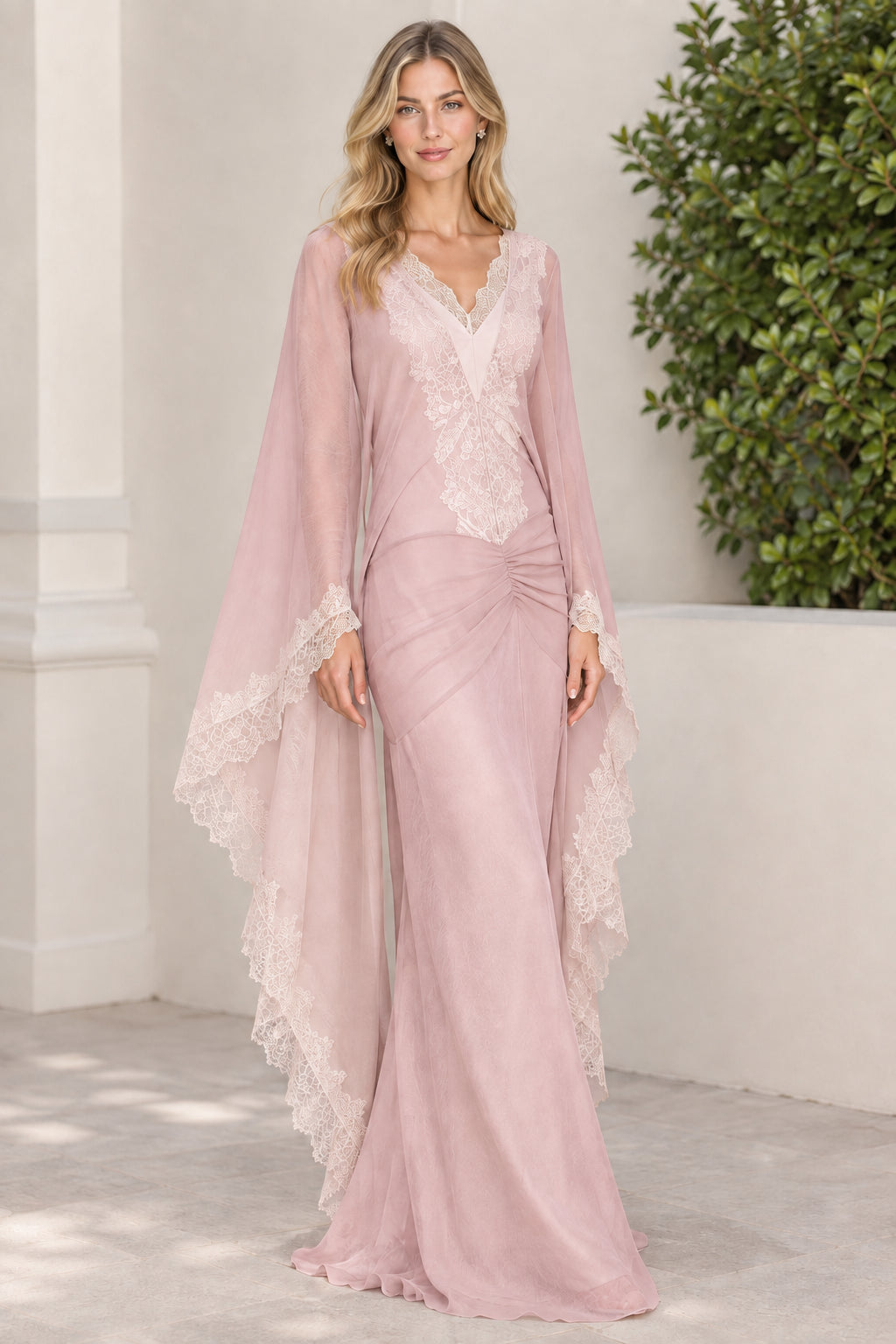 Dusty Pink formal maxi dress with draped lace angel sleeves