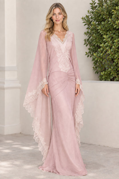 Dusty Pink formal maxi dress with draped lace angel sleeves