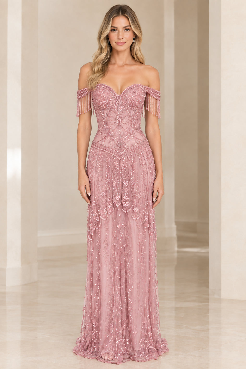 Blush Pink embellished sweetheart neckline formal maxi dress