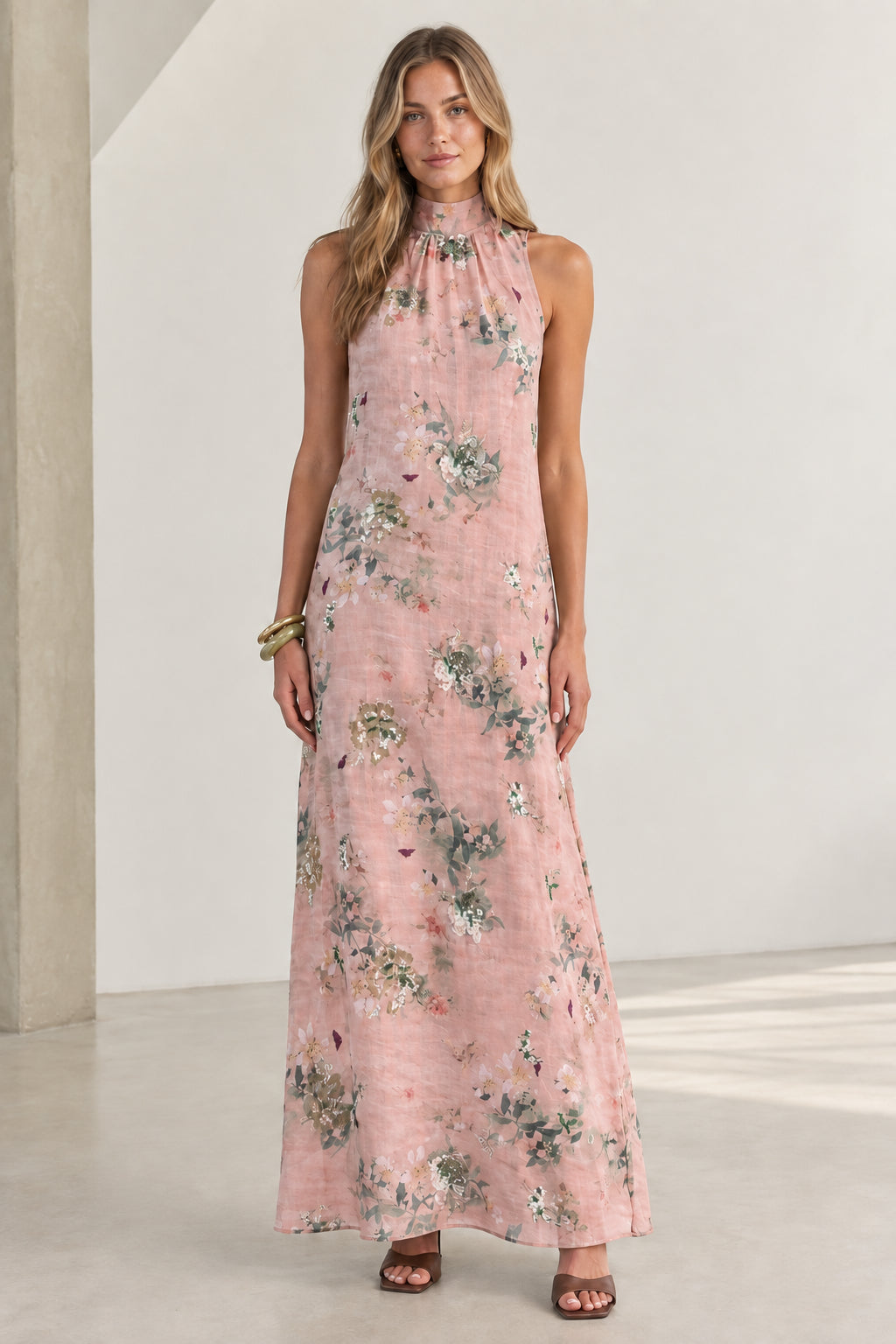 Front view of Blush Pink floral halter neck sleeveless maxi dress