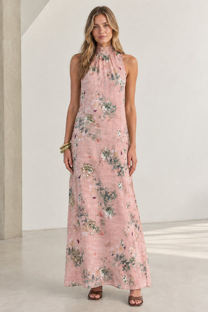 Front view of Blush Pink floral halter neck sleeveless maxi dress