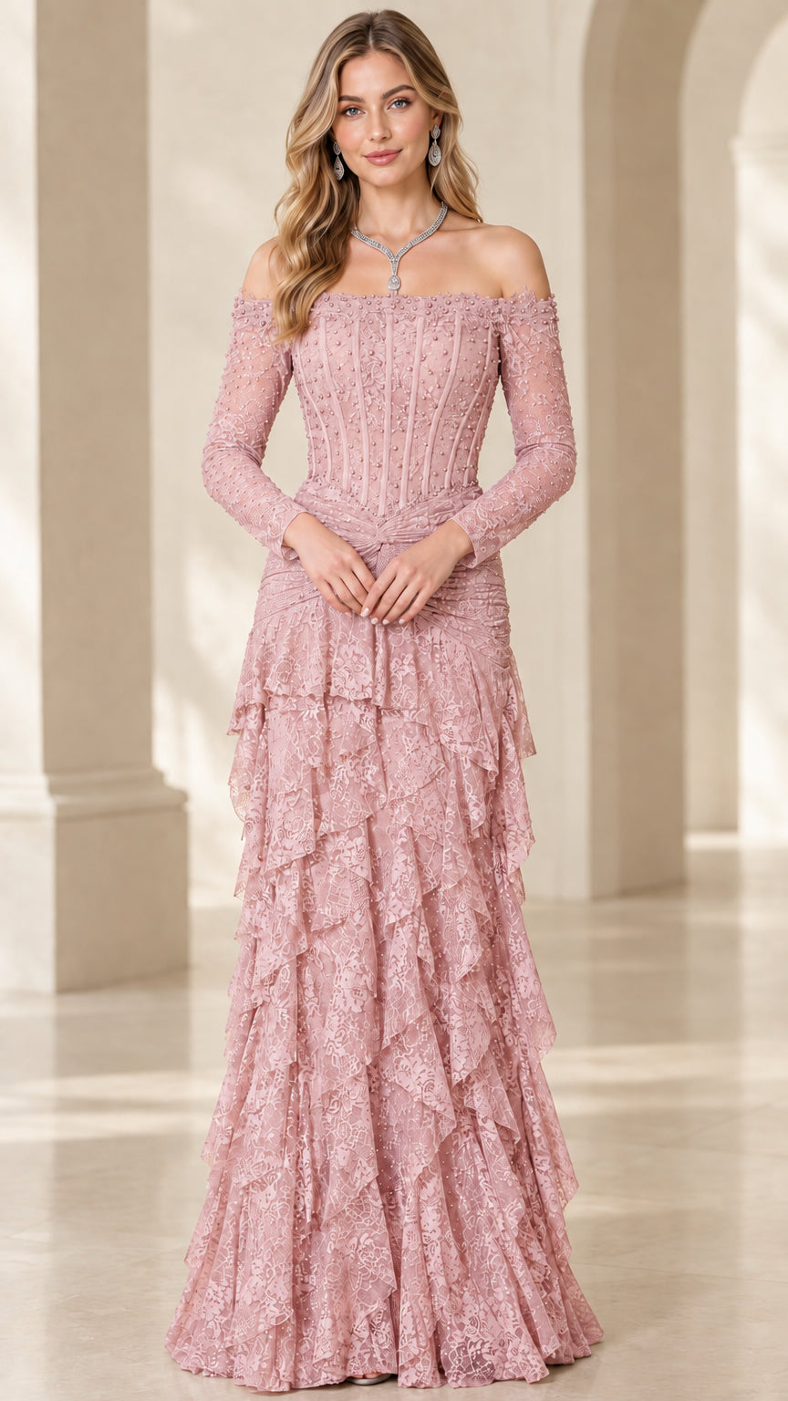 Dusty Pink off-the-shoulder beaded corset tiered lace evening gown