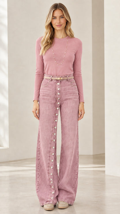 Front full view of model wearing Dusty Pink high rise button-front wide leg jeans