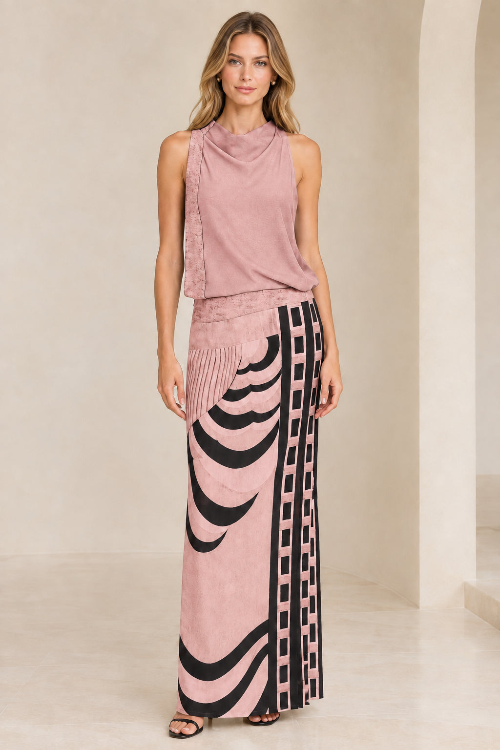 Front view of model wearing dusty pink abstract geometric print maxi dress