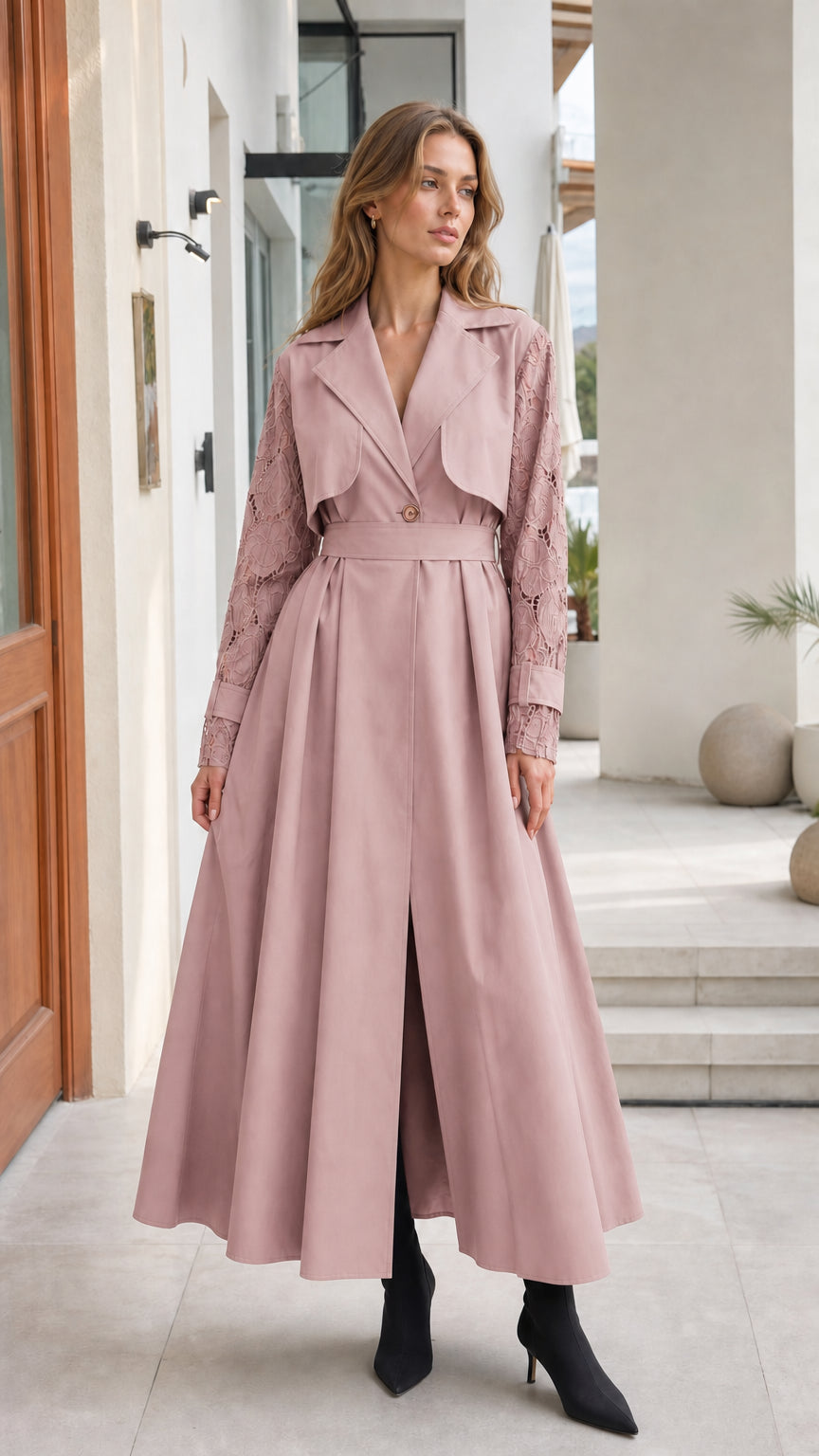 Front full view of woman wearing Dusty Pink lace-sleeve trench maxi coat dress
