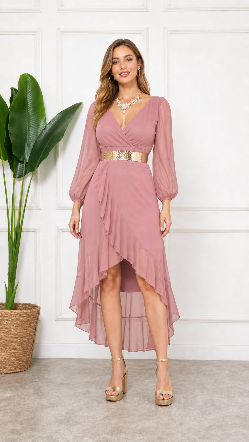 Dusty Rose long sleeve chiffon high-low evening dress with gold belt