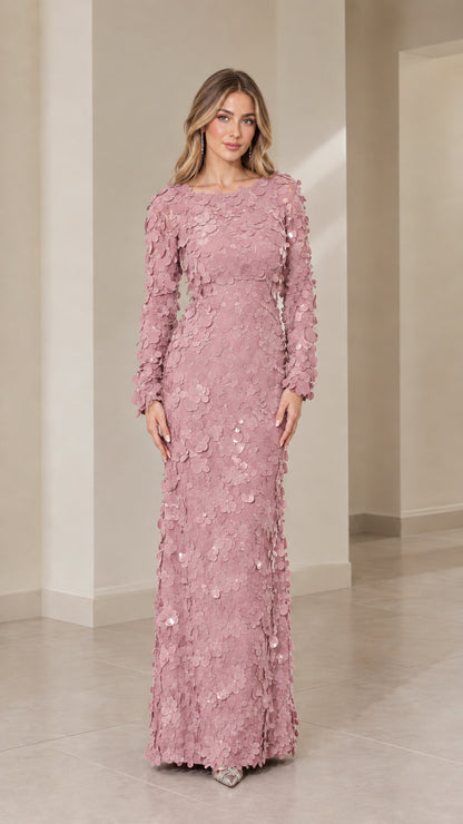 Dusty pink 3D floral appliqué long sleeve maxi formal dress