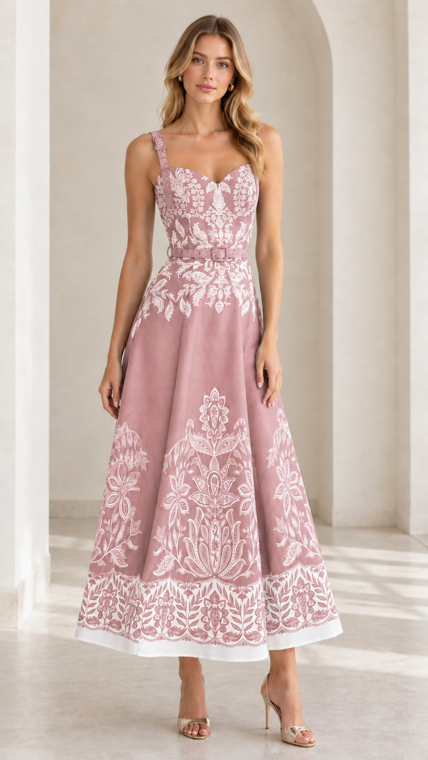 Blush Pink vintage botanical print sweetheart belted midi dress on model