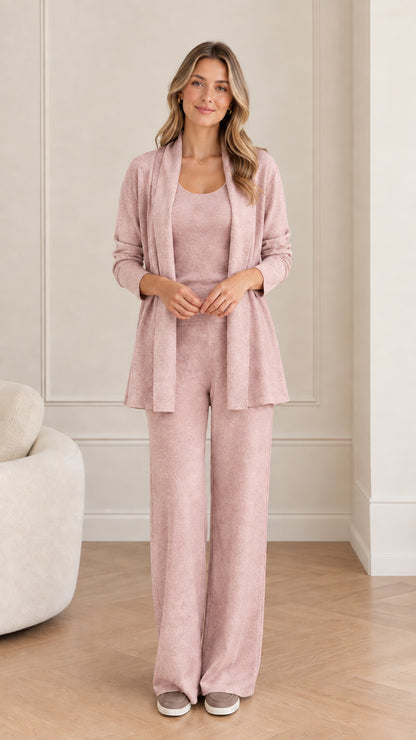 Front view of woman wearing Dusty Pink 3-piece knit loungewear set