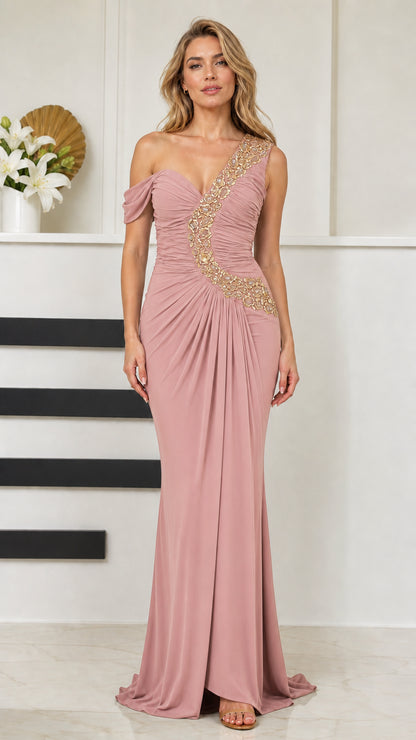 Front view of woman wearing dusty rose pink one-shoulder beaded formal gown