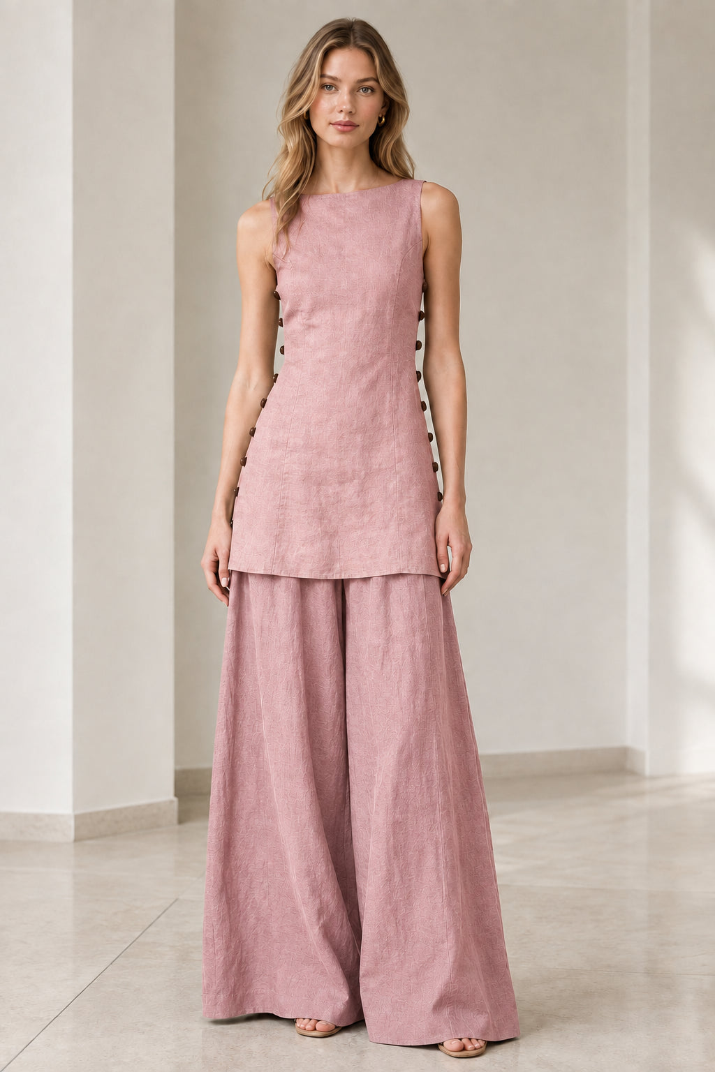 Model wearing dusty rose monochromatic sleeveless tunic and matching wide-leg trousers set