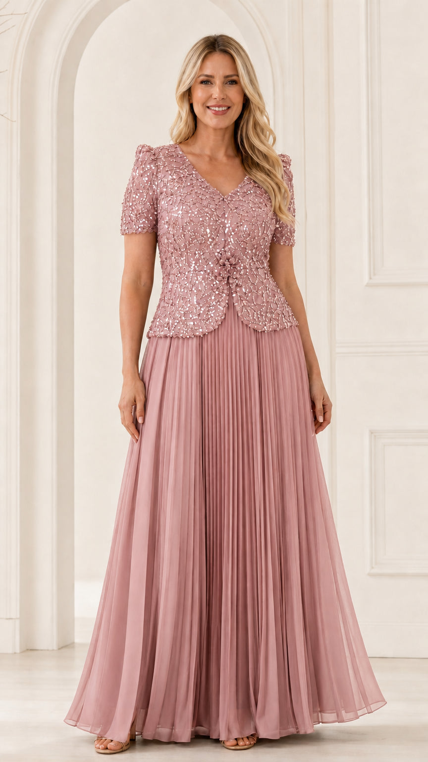 Full front view of blush pink sequined mother of the bride dress with pleated chiffon skirt