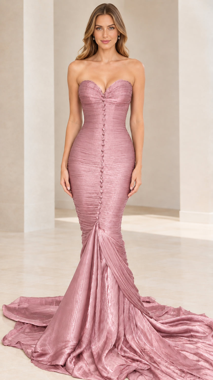 Model wearing dusty pink strapless pleated trumpet formal dress