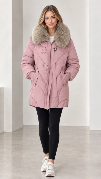 Front full-length view of model wearing dusty pink faux fur collar quilted puffer jacket
