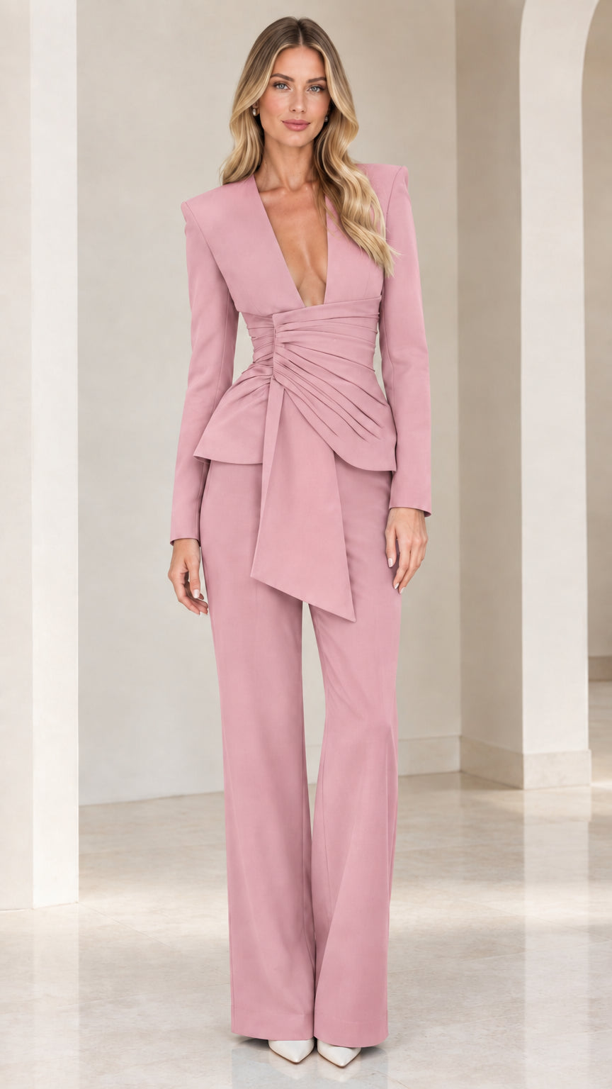 Full-length front view of dusty pink tailored pleated waist blazer and pant suit set