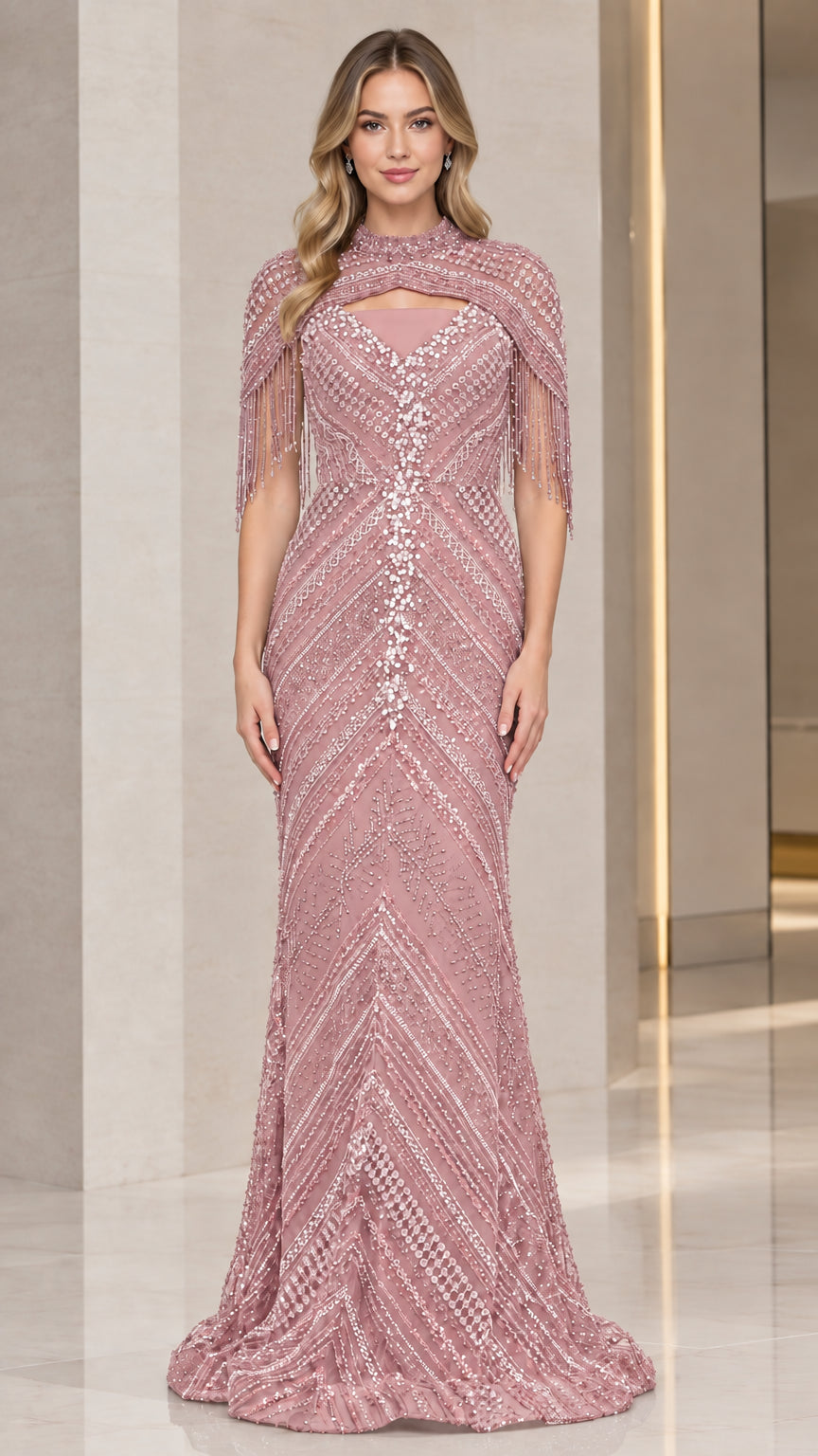 Dusty pink sequin beaded capelet mermaid evening gown