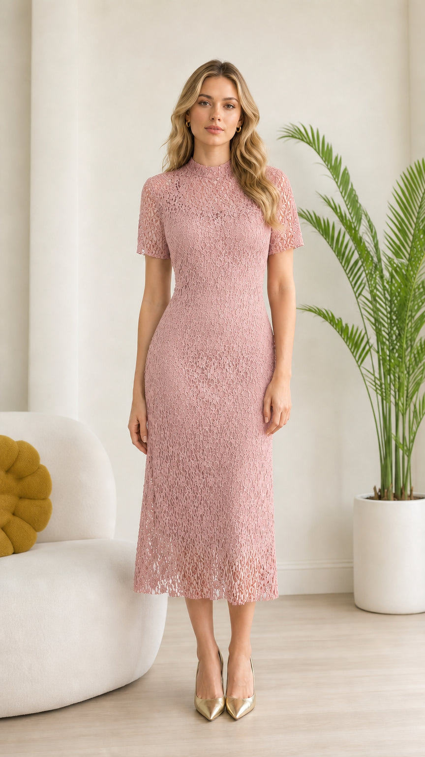 Front view of model wearing Dusty Pink floral lace short sleeve midi dress