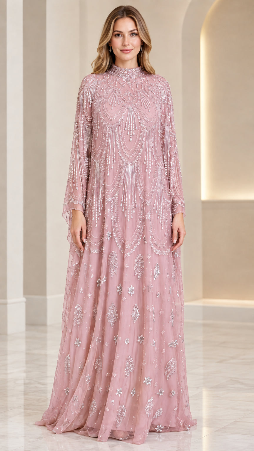Dusty Pink beaded long sleeve floor-length evening gown