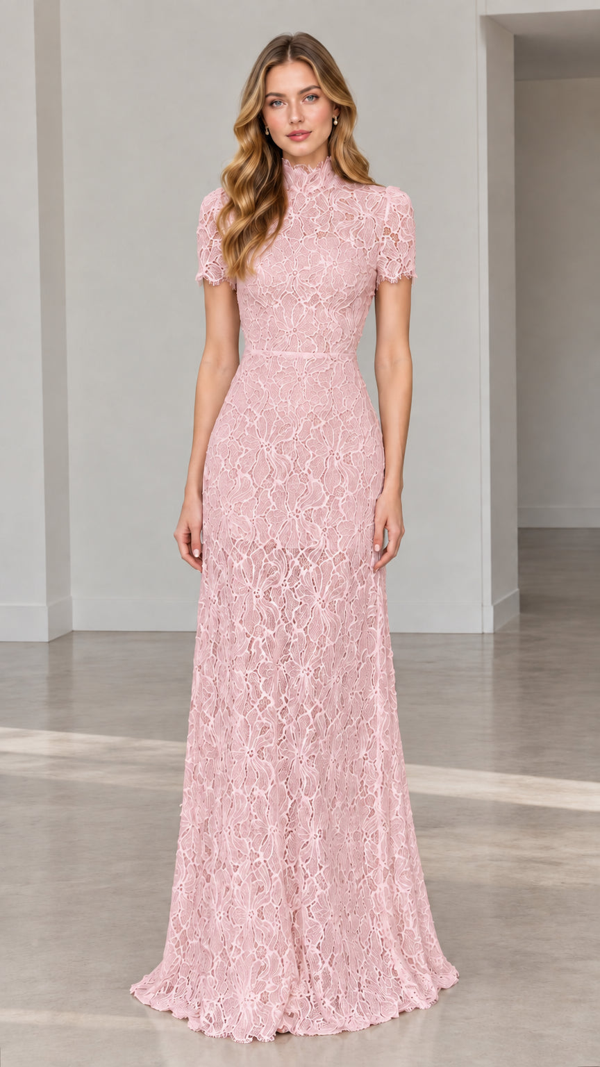 Front full-length view of model wearing blush pink high-neck lace formal gown