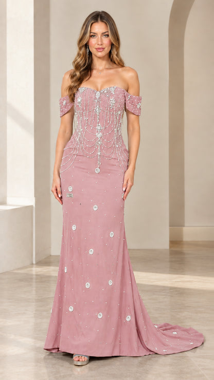Model wearing dusty pink off-the-shoulder beaded formal gown