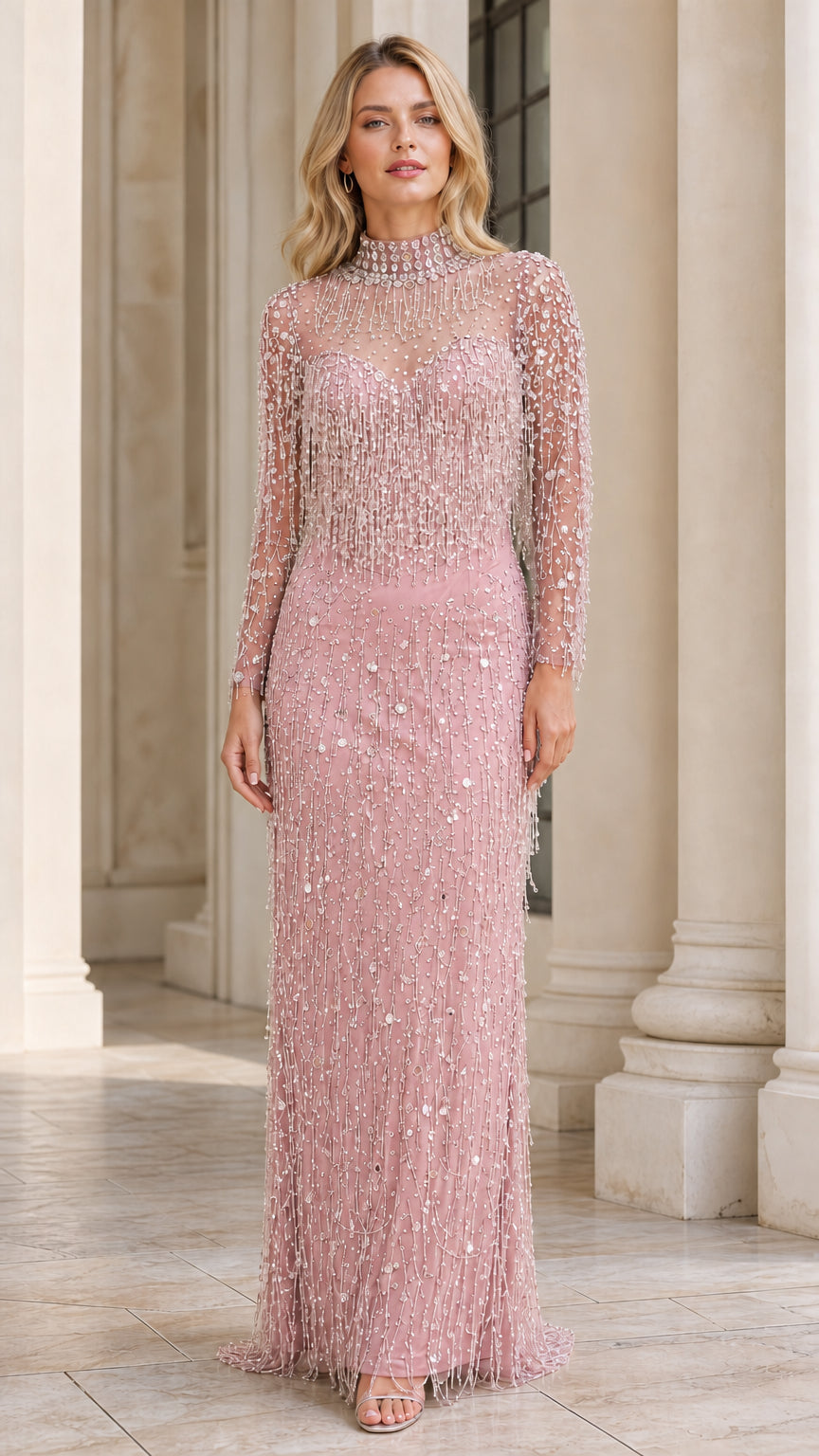 Model wearing dusty rose beaded long sleeve evening gown