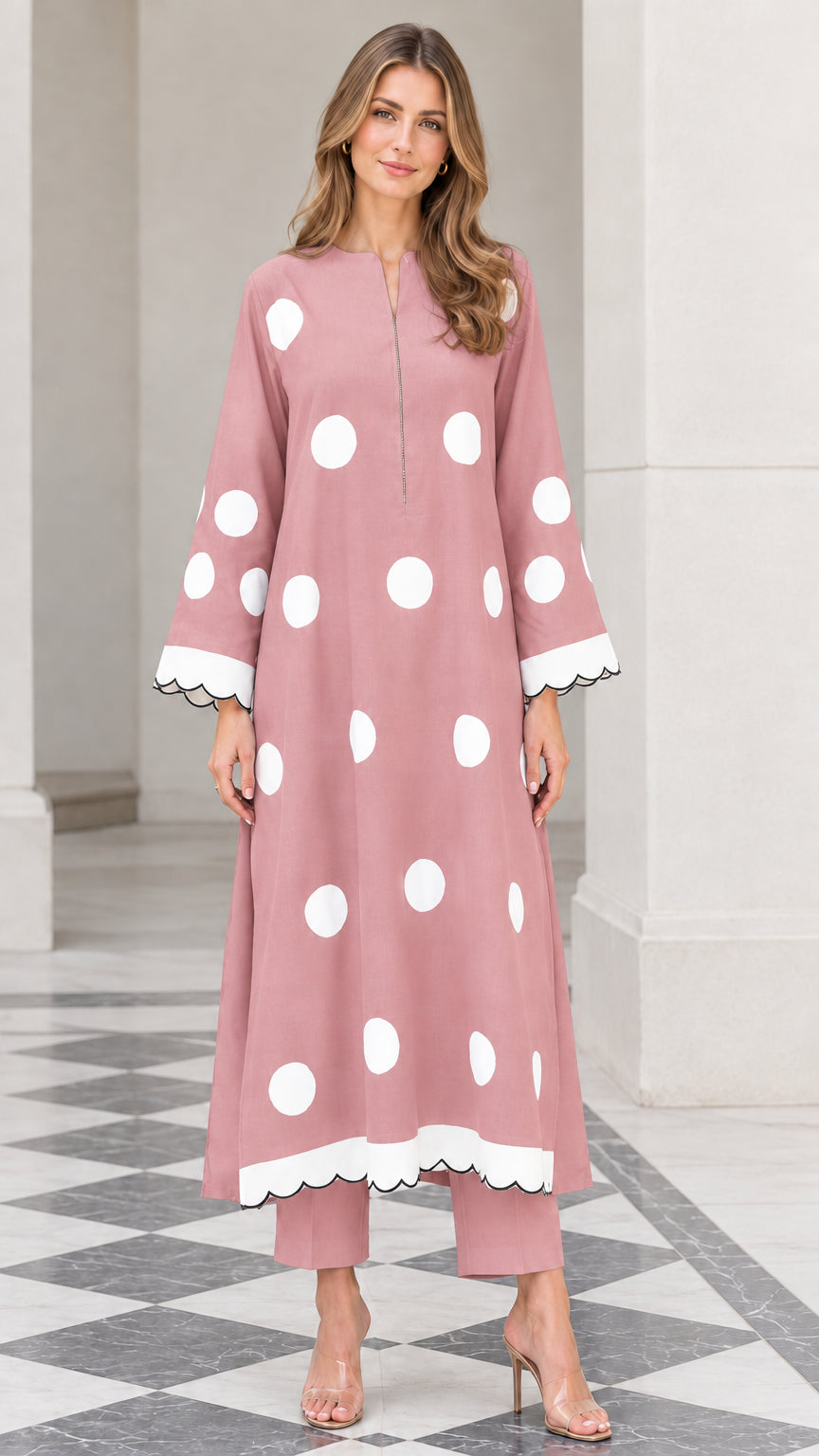 Model wearing Dusty Pink polka dot long tunic and coordinated matching pants set