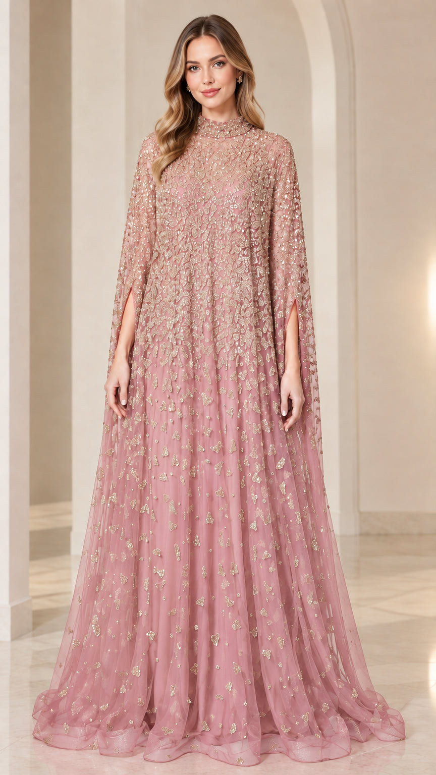 Front view of dusty pink sequin embellished high neck cape gown