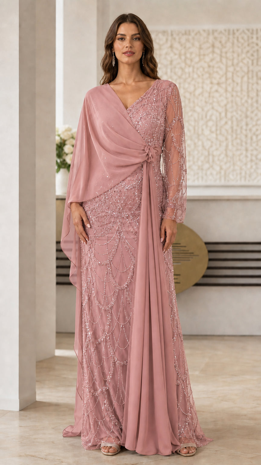 Full length view of dusty rose formal evening gown