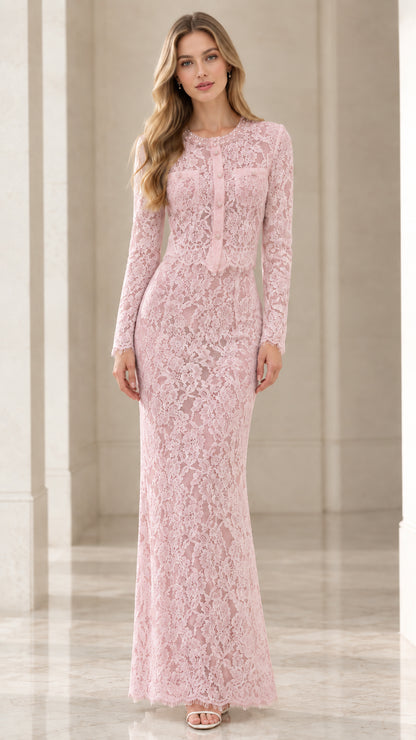 Full-length front view of dusty pink long sleeve lace maxi dress