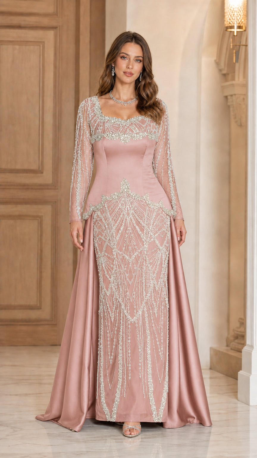 Blush Pink embellished long sleeve ball gown with sparkling crystal details