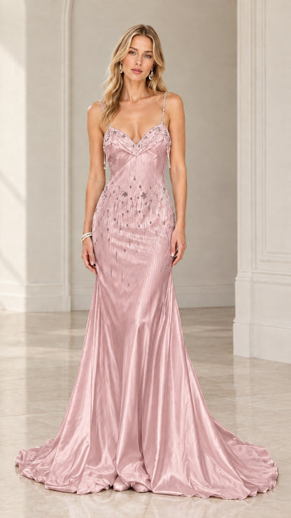 Dusty pink embellished satin formal gown on model