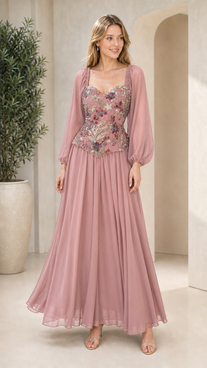 Dusty rose formal chiffon maxi dress with embroidered floral bodice