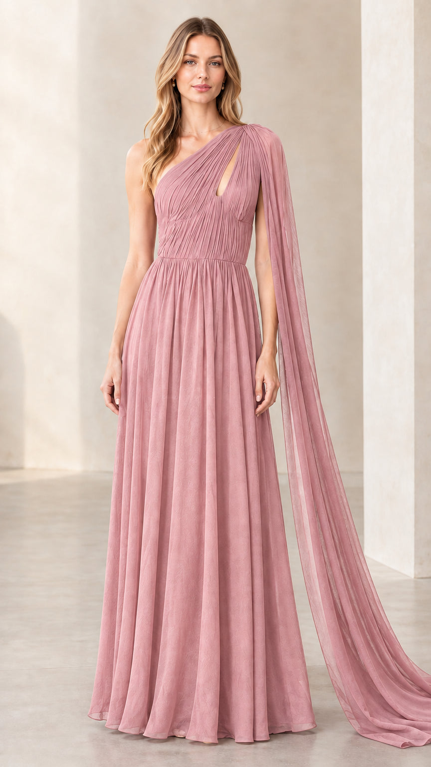 Dusty pink asymmetrical pleated chiffon cape evening gown