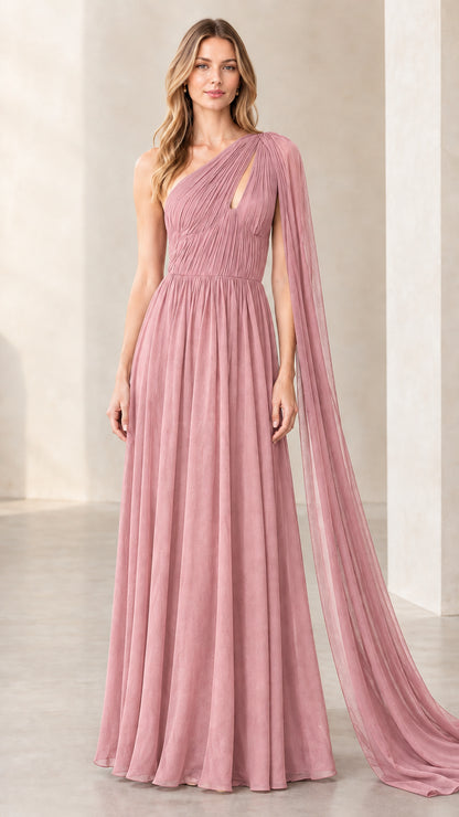 Dusty pink asymmetrical pleated chiffon cape evening gown
