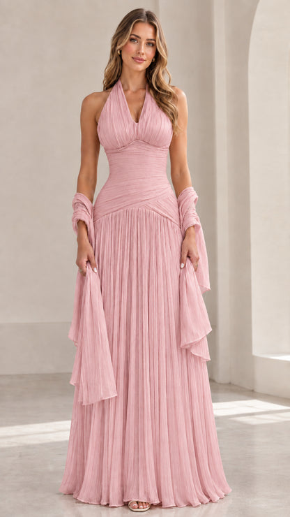 Full-length Blush Pink halter pleated evening maxi dress with wrap